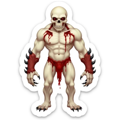 A Hideous mutated monster covered in rotton flesh and bloodin the style of your bleeding skull art, full body. Final boss character sticker