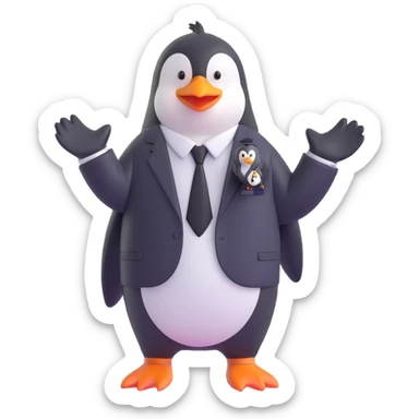 a cartoon penguin wearing a white shirt, black pants, and a black tie, with a missionary badge, waving, plain background sticker