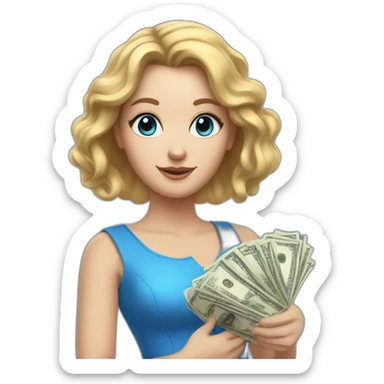 Realistc white girl in a blue dress her hair out holding the money sticker