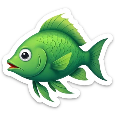 super derpy green fish with droopy eye and goofy overbite, perfect flat side profile facing right, exactly 90 degrees, completely 2D like a paper cutout, only one eye visible, absolute side view sticker