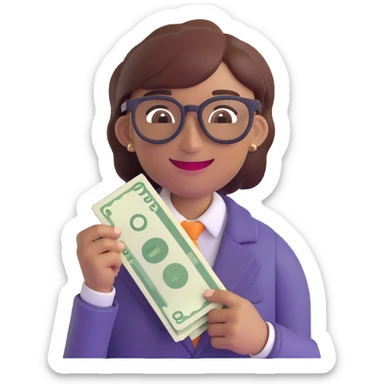 nerd agender person emoji, smiling, holding money in one hand, glasses, androgynous, cheerful expression sticker