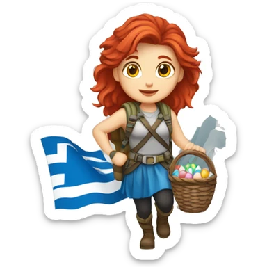 Female mountaineer red hair climbing with Greek flag and holding Easter eggs basket sticker
