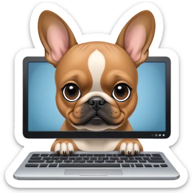 Fawn Frenchie with black muzzle working behind computer sticker