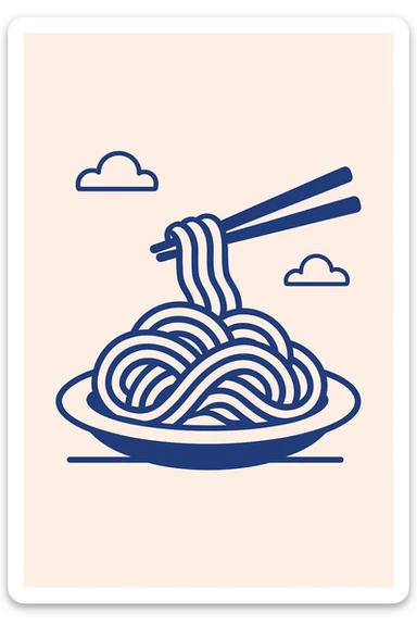 a plate of noodles with chopsticks, simple and modern, flat blue illustration sticker