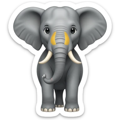 A massive 3D cartoon elephant standing tall with a strong posture, large tusks, deep gray skin, and intense eyes. Dust rising around its feet, sunlight highlighting its size and strength. Realistic textures, bold lighting, Memoji-style but fierce and commanding presence. sticker