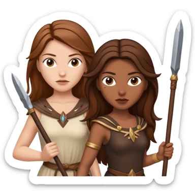 white woman with brown hair and brown woman with long brown hair both holding spears fiercely sticker