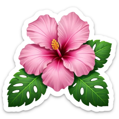 Pink Hibiscus shaped like a heart with green leaves sticker