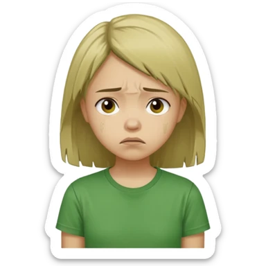 Young girl with straight, damaged, unkempt hair, wearing a green T-shirt, with a sad and discouraged expression on her face. sticker