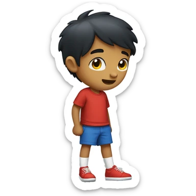  boy with short black hair and small, mischievous eyes, typically wearing a red t-shirt, yellow shorts, white socks, and blue shoes. sticker