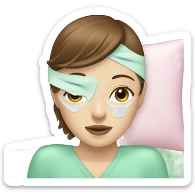 Girl with brown hair freackles white skin tone and blue eyes wears green sheet mask relaxing her eyes closed and two pickple piece over her eyes sticker