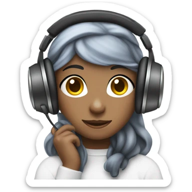a girl with laptop & headphone, clouds in background with cute emojis sticker