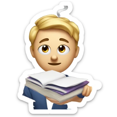  a student with books or papers scattered around their head, looking overwhelmed with symbols of exhaustion, like drooping eyes, a furrowed brow, or a head with smoke coming out to represent mental overload. sticker