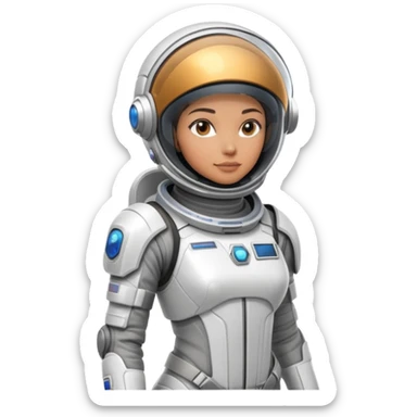 Futuristic female astronaut in a high-tech spacesuit, sleek helmet with reflective visor, detailed sci-fi armor, standing pose, science fiction aesthetic sticker