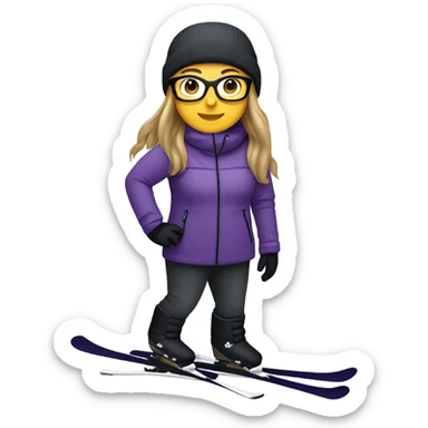 chubby female skier with long straight hair, glasses, grey purple snow jacket, long black pants, black only snow boots and black skis. sticker
