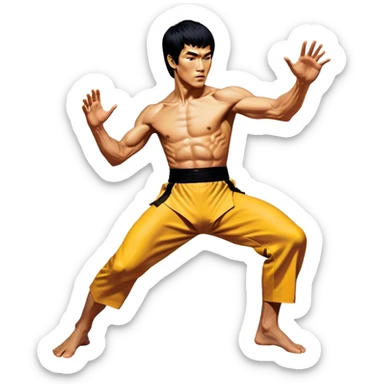 Cinematic Realistic Bruce Lee Portrait Emoji, depicted as a dynamic martial arts icon with an intense gaze and athletic physique caught in a fluid motion, rendered with vivid textures and energetic lighting that embodies his legendary prowess. sticker