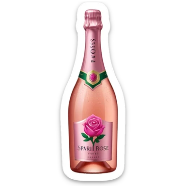 bottle of sparkling rosé with a rose logo on the label, angled to the left, no glass sticker