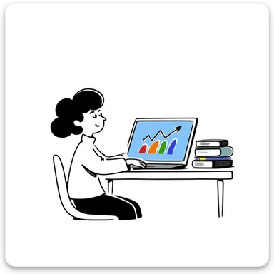 Academic research setup with an open laptop, stack of colorful books, and a rising data chart graph with upward trend. Hand-drawn doodle style with blue laptop screen, multicolored book spines, and a colorful bar chart. sticker