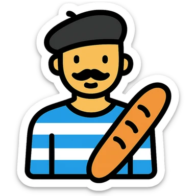 French man with blue and white striped shirt, black beret, holding a baguette sticker
