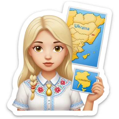 A Ukrainian girl in a white embroidered shirt holds a map of Ukraine sticker