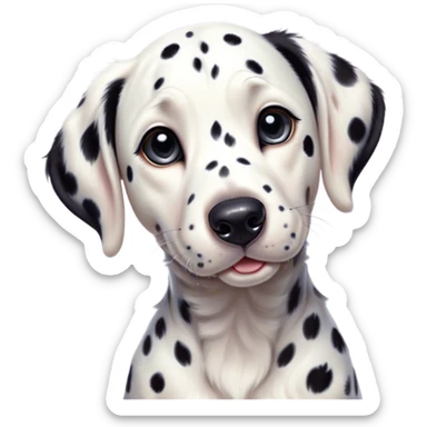 Cinematic Cute Spotted Dalmatian Portrait Emoji, Head tilted playfully and inquisitively, featuring a glossy Fur of predominantly white with dynamic black patches, round, sparkling eyes filled with gentle curiosity, Simplified yet irresistibly adorable features, highly detailed, glowing with a warm, friendly glow, high shine, affectionate and gentle, stylized with a touch of whimsy, bright and endearing, soft glowing outline, capturing the essence of a mischievous yet loving pup, so playful it feels like it could lumber out of the screen and into your arms! sticker