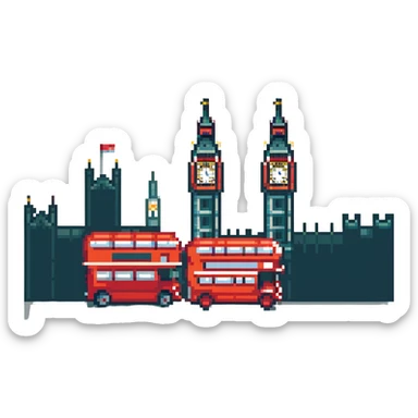 London cityscape with Big Ben and red double-decker bus in pixel art style sticker