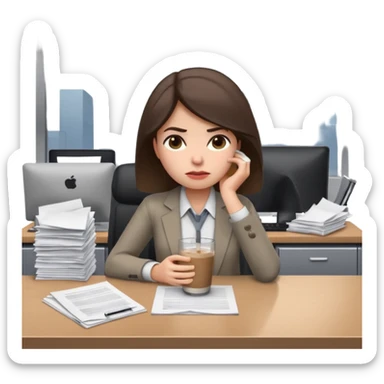 Девушка-мемоджи грустно сидит за офисным столом, вокруг разбросаны бумаги и папки, в руке стакан холодного кофе, выражение лица усталое и раздражённое, скучная офисная одежда, атмосфера уныния и серости. Белый фон. sticker