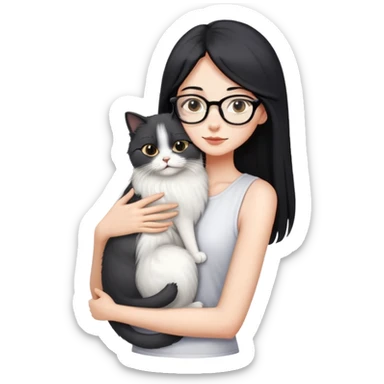 Skinny woman with oval glasses, long straight black hair, wearing white sleeveless top, hugging a grey Persian-Angora cat, plain background sticker