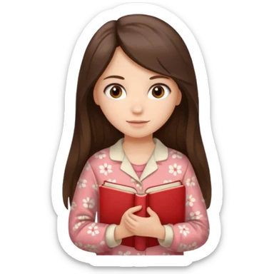 Миловидная девушка брюнетка с длинными  волосами, карими глазами в пижаме с книгой. Картинка должна были в цветах: бежевый, бледно красный и коричневый, белый sticker