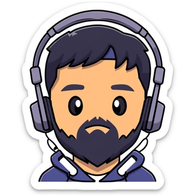 Anime-style character with black hair, brown eyes, black beard, and gaming headset, Japanese animation style sticker