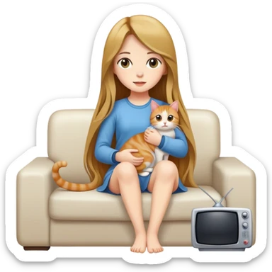 Generate a full-body picture of a beautiful girl with long hair holding a cat and watching TV sticker