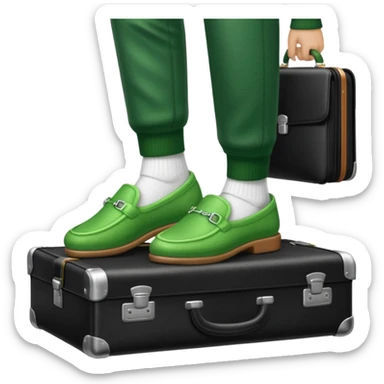 Feet with white socks wearing green house slippers standing on a briefcase sticker