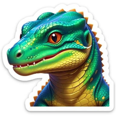 Cinematic Cute Komodo Dragon Lizard Portrait Emoji, Head tilted playfully and inquisitively, with a sleek, scaled form accented by vibrant hues and curious, sparkling eyes, Simplified yet irresistibly adorable features, highly detailed, glowing with a warm, lively glow, high shine, affectionate and spirited, stylized with a touch of exotic charm, bright and endearing, soft glowing outline, capturing the essence of a mischievous yet captivating lizard that seems poised to scurry out of the screen into your heart! sticker