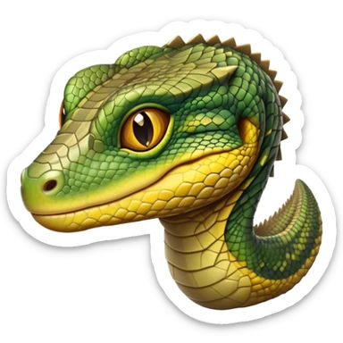 cinematic-realistic-cute-monitor-lizard-portrait-emoji,-head-tilted-playfully-and-inquisitively,-featuring-a-compact,-agile-body-with-finely-detailed,-glossy-scales-in-earthy-olive-hues-and-a-distinct,-alert-face-with-bright,-curious-eyes, yellow and green multi coloured  scales sticker
