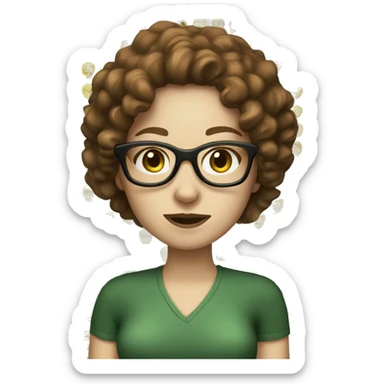 Cool woman with pale white skin, brown curly hair, glasses and green eyes sticker