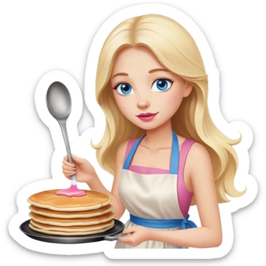 Cinematic realistic beautiful blonde with long hair, blue eyes and pink lips in a white dress cooks pancakes sticker