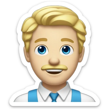 White man with blonde hair and moustache and blue eyes with slightly open mouth facing sticker