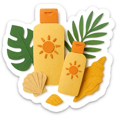 group of sunscreen bottles, shells, and tropical leaves, layered paper effect, paper-craft style sticker