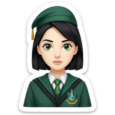 genevieve gaunt is Pansy Parkinson in harry potter, wear hogwarts slytherin uniform, black hair, not wearing hat sticker