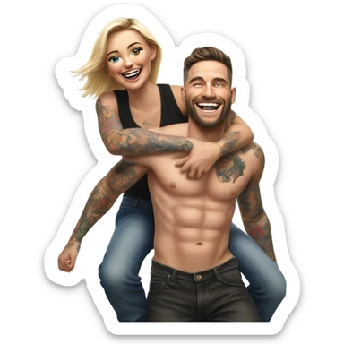 Hyper Realistic beautiful woman getting a piggy back off a handsome tattooed man laughing  sticker
