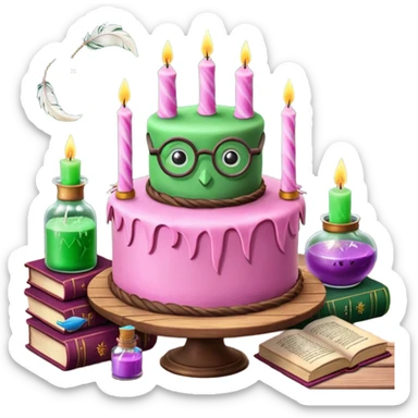 Harry Potter themed pink birthday cake with green 'Happy Birthday Harry' icing, surrounded by wizard books, candles, potion bottles, feathers, and glasses on wooden table, magical atmosphere." sticker
