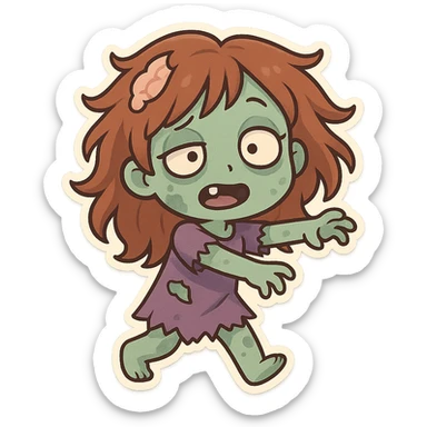 girl zombie with wild hair, missing tooth, quirky expression sticker