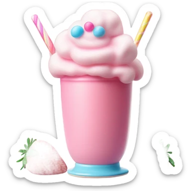 a strawberry milkshake topped with a candy covered marshmallow, gummy candy ribbon, and cotton candy sticker