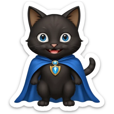an all black anthropomorphic cat with blue eyes wears an all black cape and is smiling a mischievous sharp tooth grin sticker