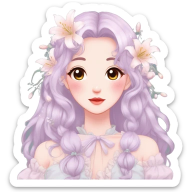 Gorgeous pastel anime style lady with blushing face and lilies cottagecore fairycore pastelcore colorful pearly romantic simplistic aesthetic trending style sticker
