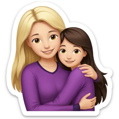 A beautiful mother with long dark brown hair hugging her cute 12yr old blonde hair daughter super happy sticker