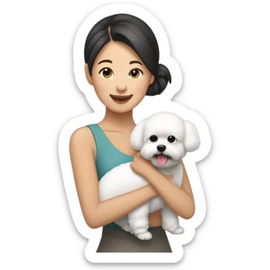 Hair-in-a-bun Asian woman carrying a happy and cute bichon frise sticker