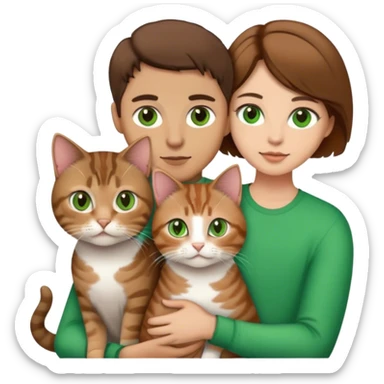 white couple with brown hair, man has short hair and brown eyes. woman has long hair and green eyes .they’re holding a tabby cat  sticker