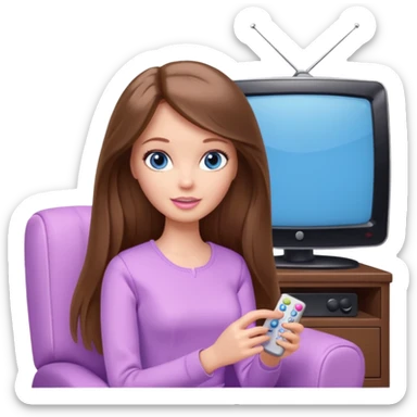 beautiful barbie girl with long brown hair, blue eyes and wearing light purple clothes watching tv shows sticker