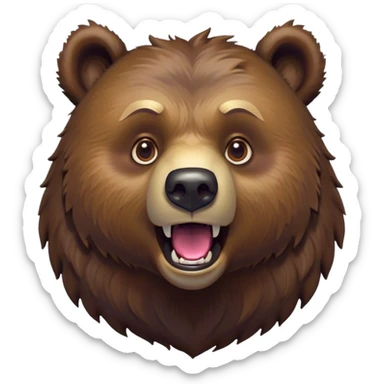 Cinematic Comical Grizzly Bear Portrait Emoji, Head tilted dramatically with an exaggeratedly amused expression, featuring a striking, rugged deep brown fur with bold fur texture, wide, expressive eyes filled with playful disbelief, Simplified yet hilariously expressive features, highly detailed, glowing with a slightly sassy glow, high shine, dramatic yet playful, stylized with an air of cheeky wilderness mischief, bright and endearing, soft glowing outline, capturing the essence of a spirited and over-the-top grizzly, so meme-worthy it feels like it could roar its way into internet fame instantly! sticker