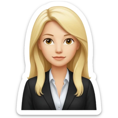 blonde businesswoman in her thirties, long hair, wearing a blazer, CEO sticker